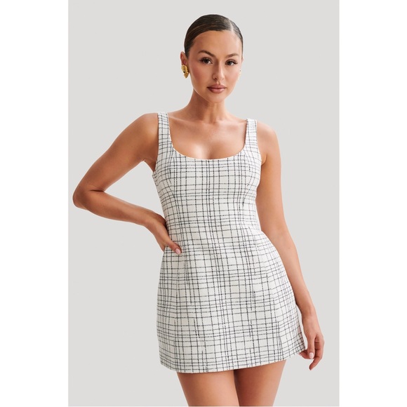 New! MESHKI • Beth Tweed Mini Dress in White Check - Picture 2 of 14